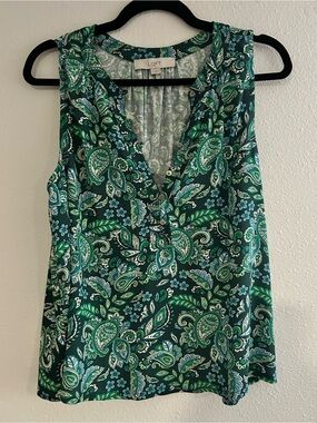 LOFT Green Paisley V-Neck Sleeveless Top